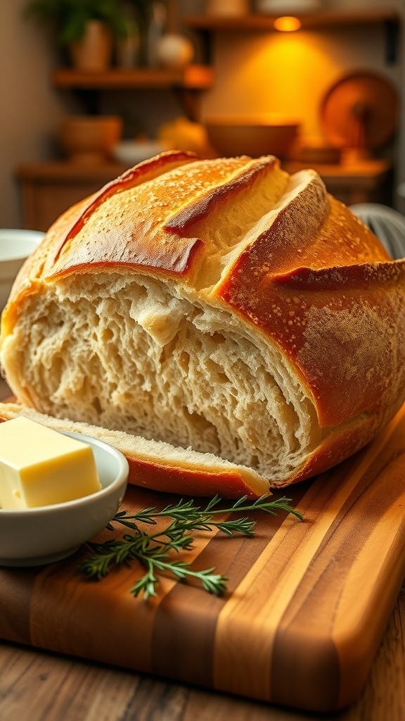 Homemade Large Loaf Bread Recipe A large loaf of freshly baked bread sliced on a cutting board with butter and herbs.
